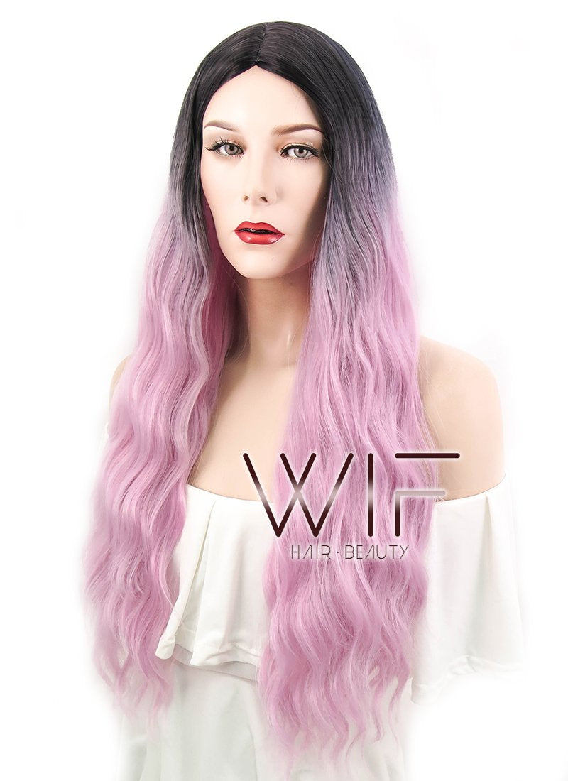 29" Wavy Pink With Dark Roots Synthetic Wig WIG314