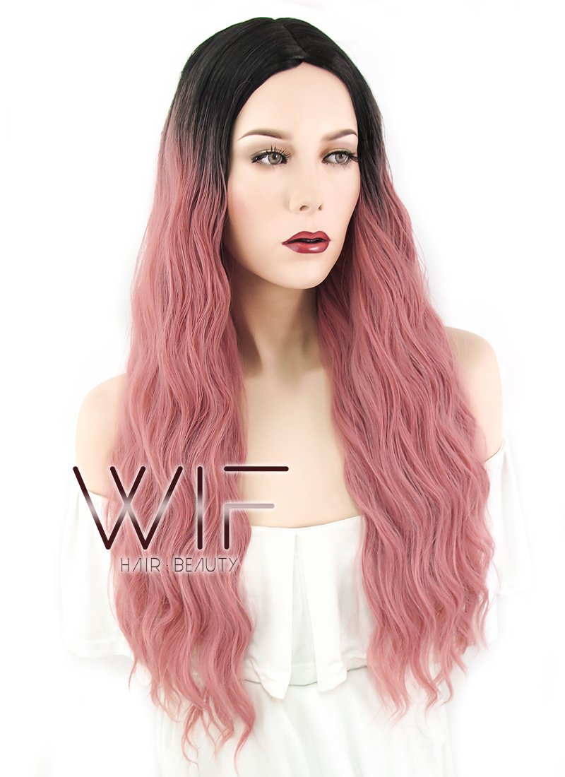 29" Wavy Pink With Dark Roots Synthetic Wig WIG315