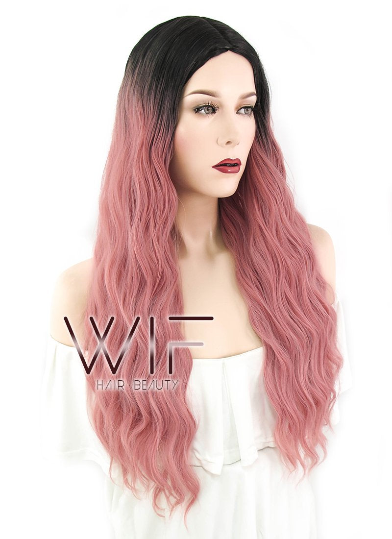 29" Wavy Pink With Dark Roots Synthetic Wig WIG315