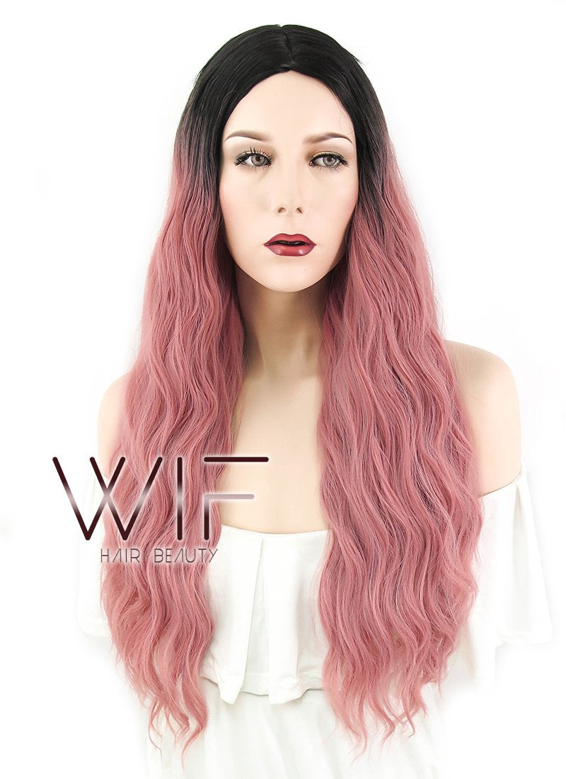 29" Wavy Pink With Dark Roots Synthetic Wig WIG315