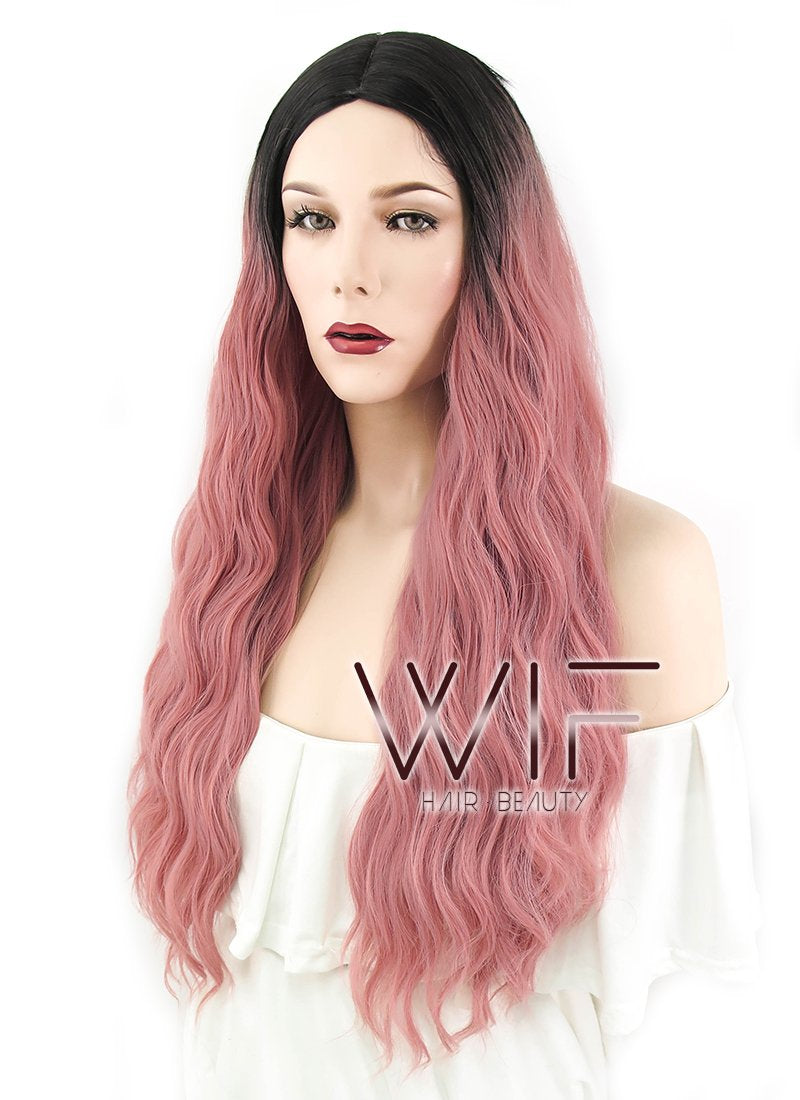 29" Wavy Pink With Dark Roots Synthetic Wig WIG315