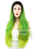 28" Wavy Green Yellow Ombre With Dark Roots Synthetic Wig WIG316
