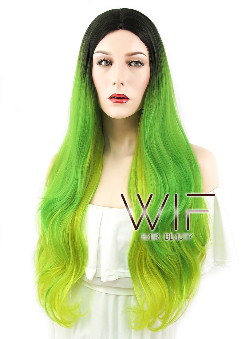 28" Wavy Green Yellow Ombre With Dark Roots Synthetic Wig WIG316