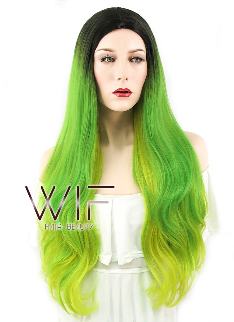 28" Wavy Green Yellow Ombre With Dark Roots Synthetic Wig WIG316