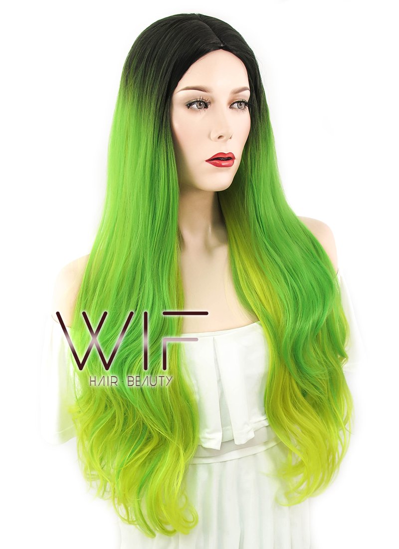 28" Wavy Green Yellow Ombre With Dark Roots Synthetic Wig WIG316