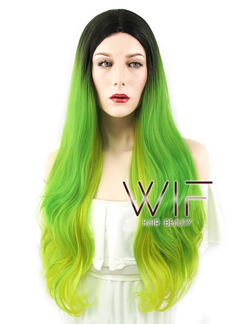 28" Wavy Green Yellow Ombre With Dark Roots Synthetic Wig WIG316