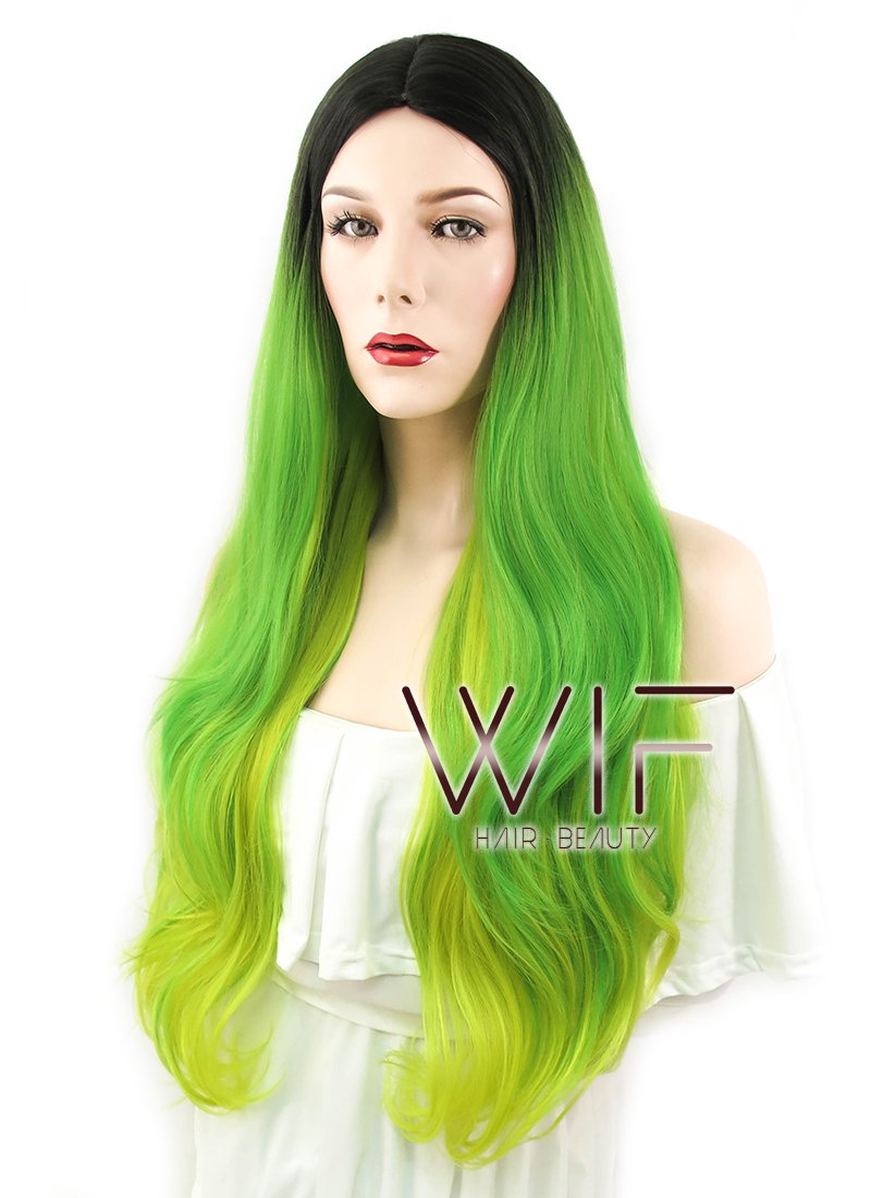 28" Wavy Green Yellow Ombre With Dark Roots Synthetic Wig WIG316