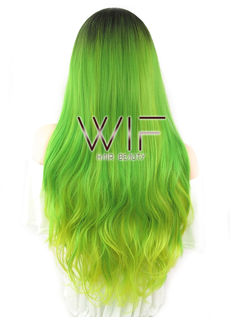 28" Wavy Green Yellow Ombre With Dark Roots Synthetic Wig WIG316