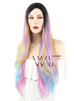 29" Wavy Pink Blue Yellow With Dark Roots Synthetic Wig WIG317