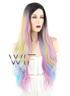 29" Wavy Pink Blue Yellow With Dark Roots Synthetic Wig WIG317