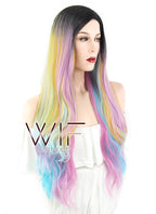29" Wavy Pink Blue Yellow With Dark Roots Synthetic Wig WIG317