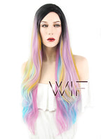 29" Wavy Pink Blue Yellow With Dark Roots Synthetic Wig WIG317