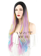 29" Wavy Pink Blue Yellow With Dark Roots Synthetic Wig WIG317