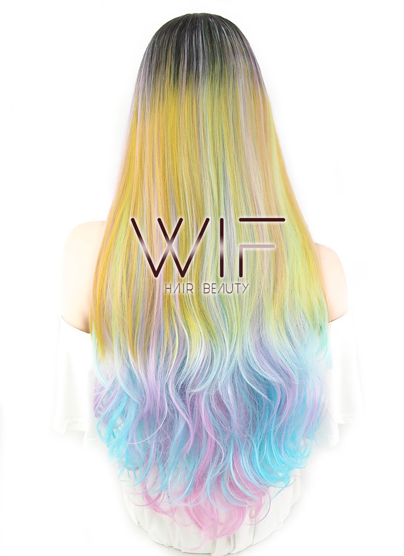 29" Wavy Pink Blue Yellow With Dark Roots Synthetic Wig WIG317