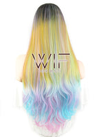29" Wavy Pink Blue Yellow With Dark Roots Synthetic Wig WIG317