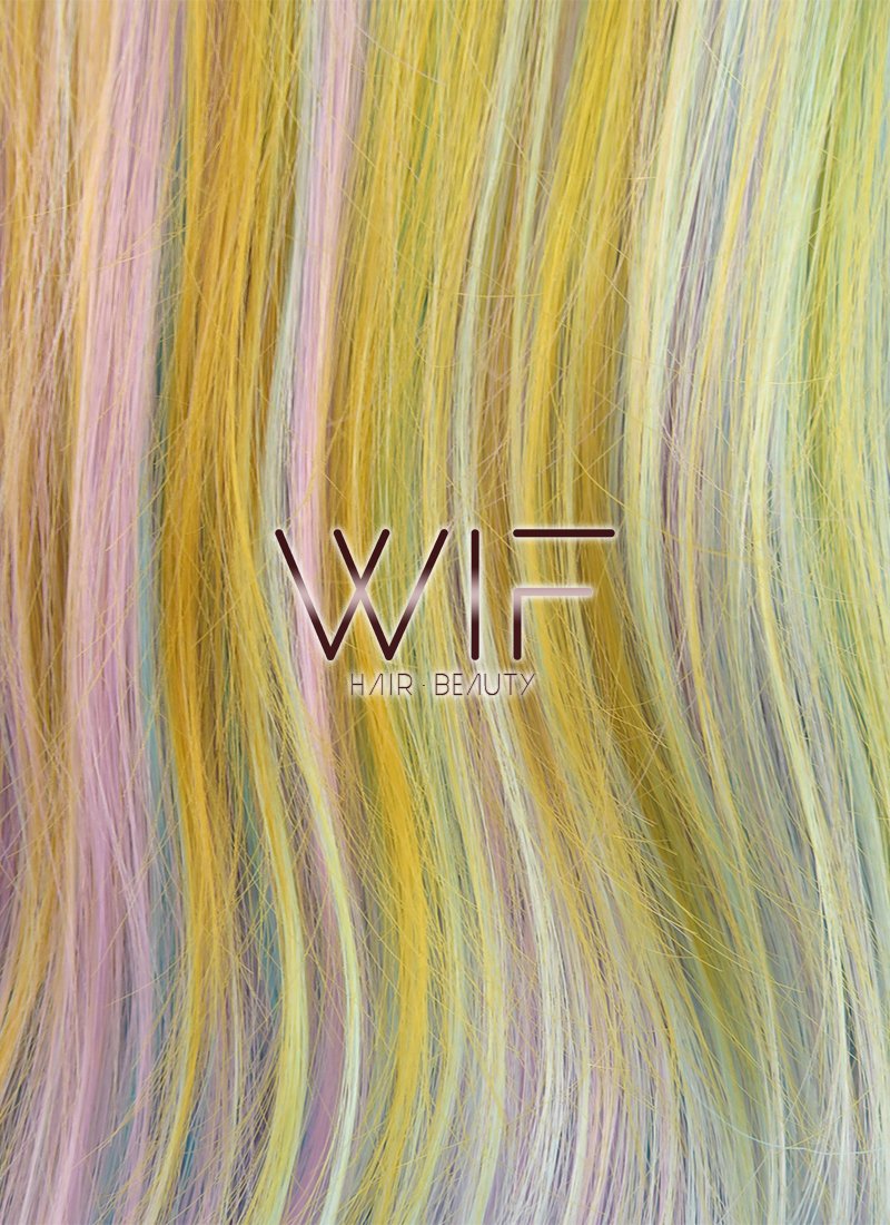 29" Wavy Pink Blue Yellow With Dark Roots Synthetic Wig WIG317