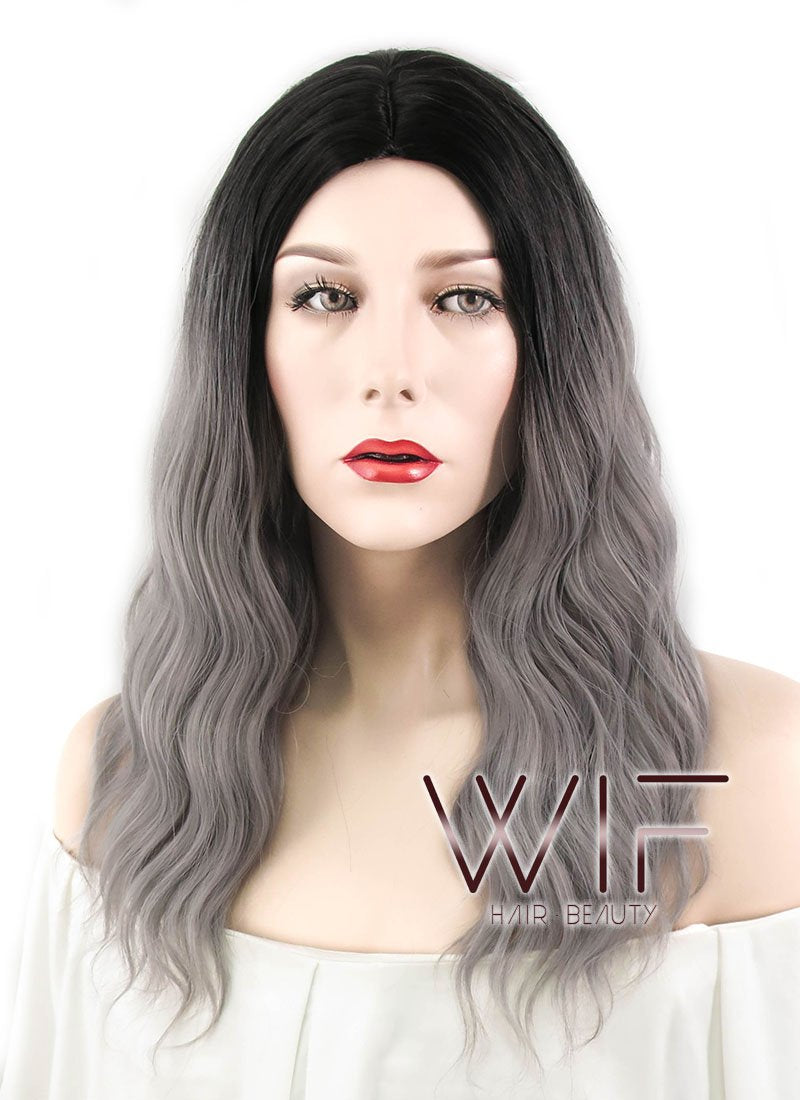 20" Wavy Grey With Dark Roots Synthetic Wig WIG322