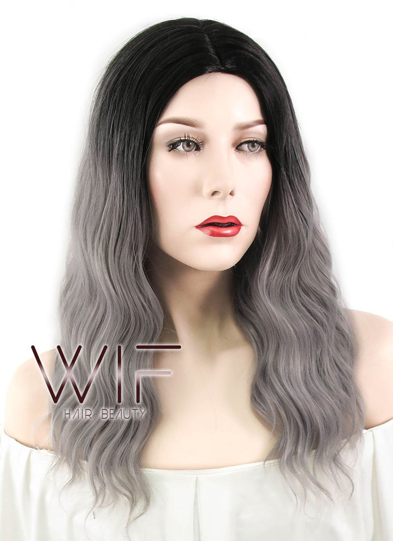 20" Wavy Grey With Dark Roots Synthetic Wig WIG322