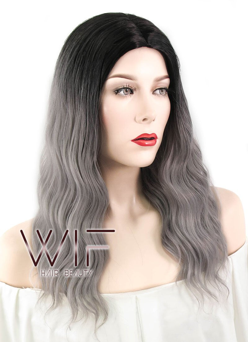 20" Wavy Grey With Dark Roots Synthetic Wig WIG322