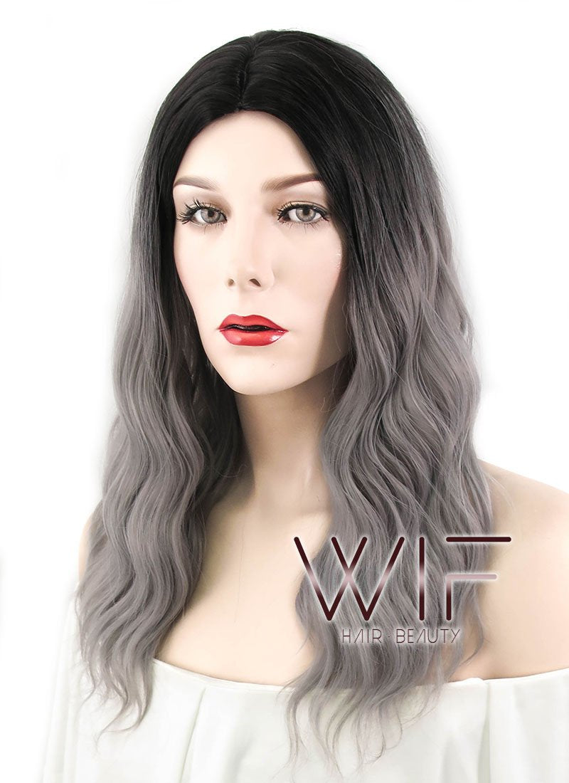 20" Wavy Grey With Dark Roots Synthetic Wig WIG322