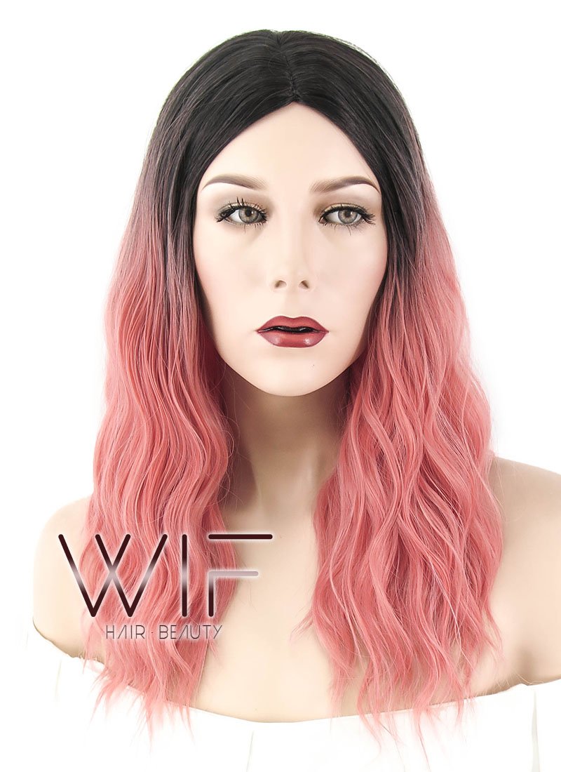 20" Wavy Pink With Dark Roots Synthetic Wig WIG323