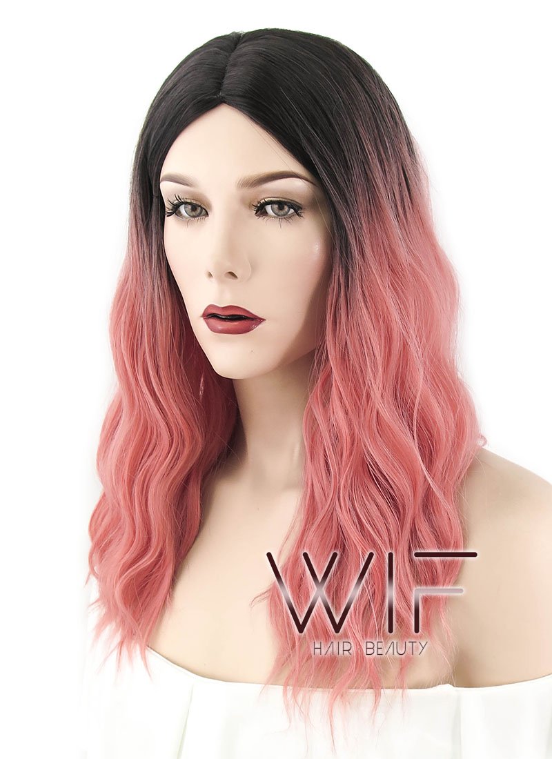 20" Wavy Pink With Dark Roots Synthetic Wig WIG323