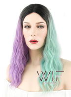 20" Wavy Purple Green Split Color With Dark Roots Synthetic Wig WIG324