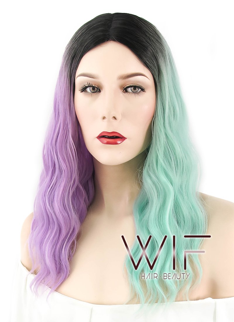 20" Wavy Purple Green Split Color With Dark Roots Synthetic Wig WIG324