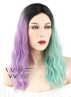 20" Wavy Purple Green Split Color With Dark Roots Synthetic Wig WIG324