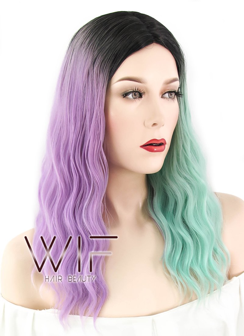 20" Wavy Purple Green Split Color With Dark Roots Synthetic Wig WIG324