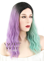 20" Wavy Purple Green Split Color With Dark Roots Synthetic Wig WIG324