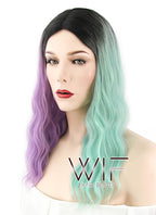 20" Wavy Purple Green Split Color With Dark Roots Synthetic Wig WIG324