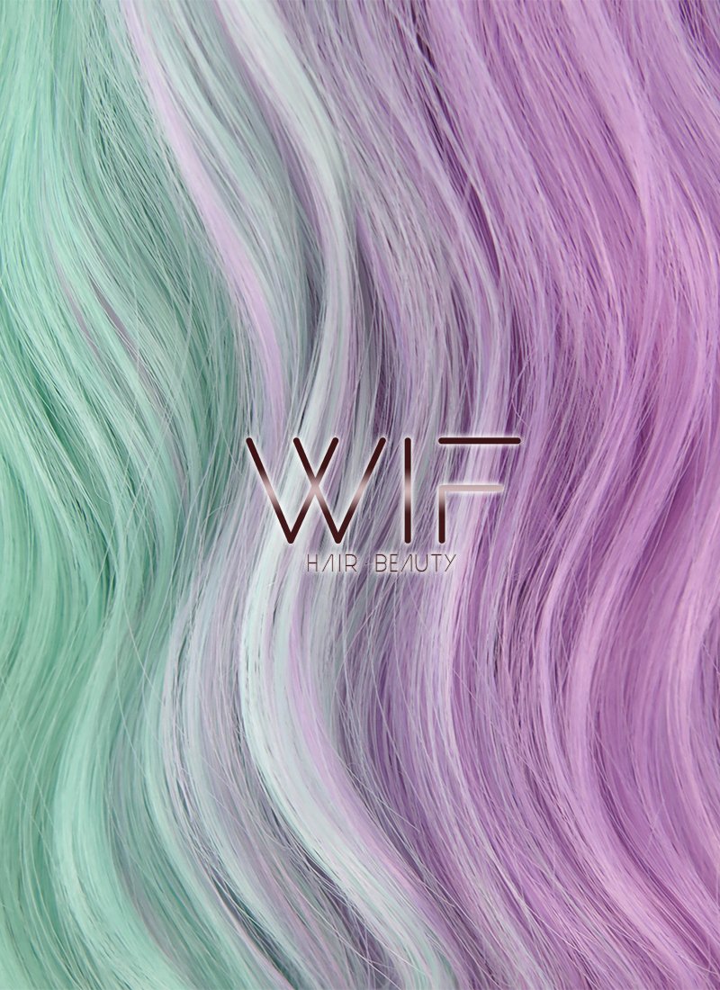 20" Wavy Purple Green Split Color With Dark Roots Synthetic Wig WIG324