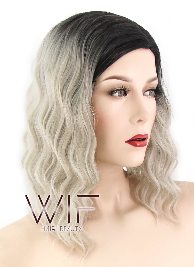17" Wavy Blonde With Dark Roots Synthetic Wig WIG332
