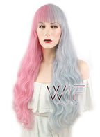 28" Wavy Pink Blue Split Color Synthetic Wig WIG335