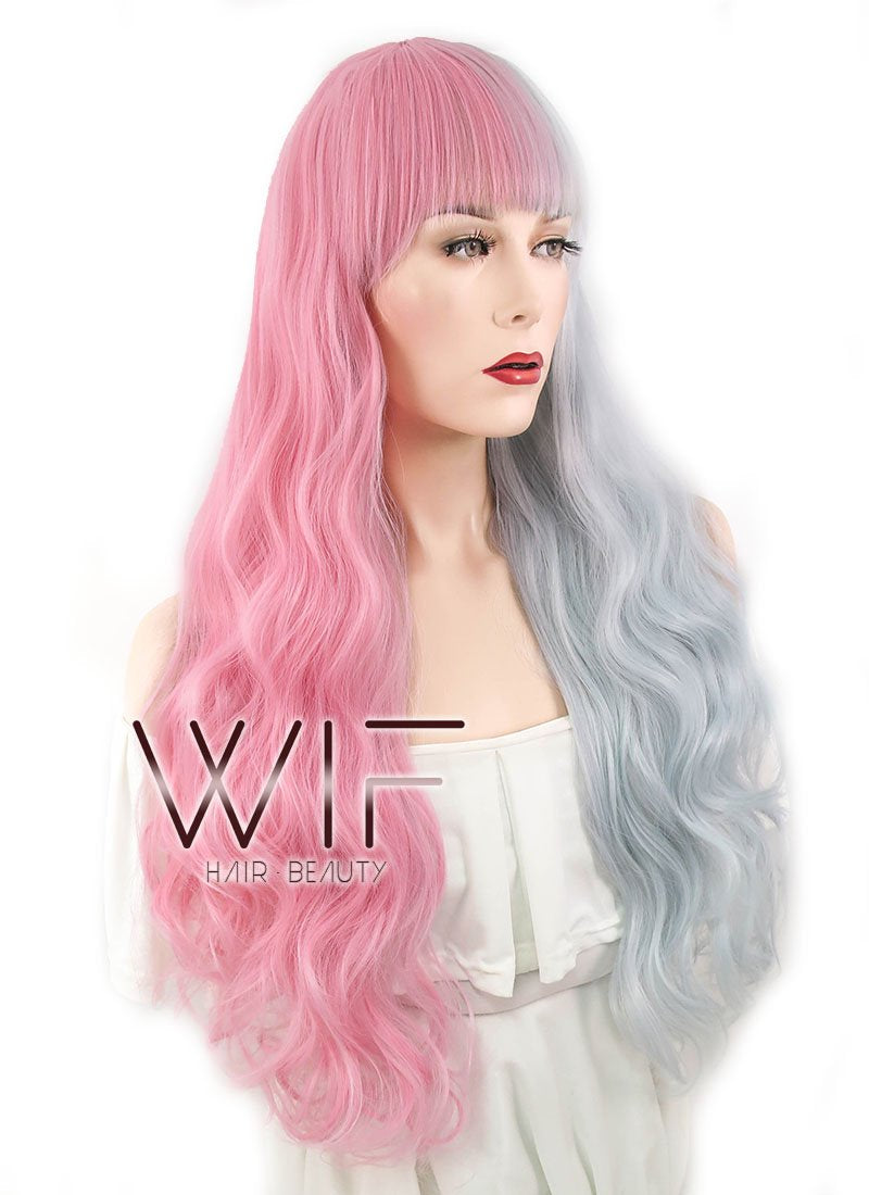 28" Wavy Pink Blue Split Color Synthetic Wig WIG335