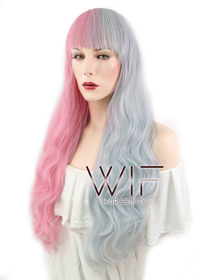 28" Wavy Pink Blue Split Color Synthetic Wig WIG335