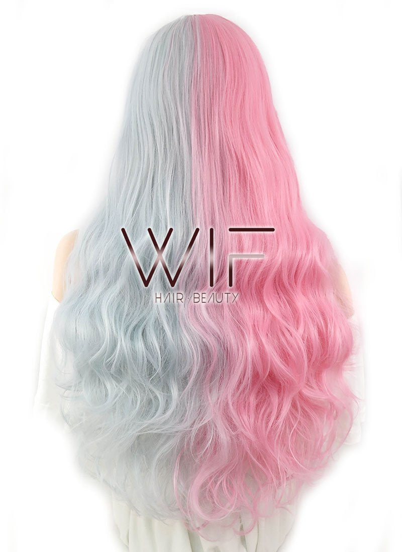 28" Wavy Pink Blue Split Color Synthetic Wig WIG335