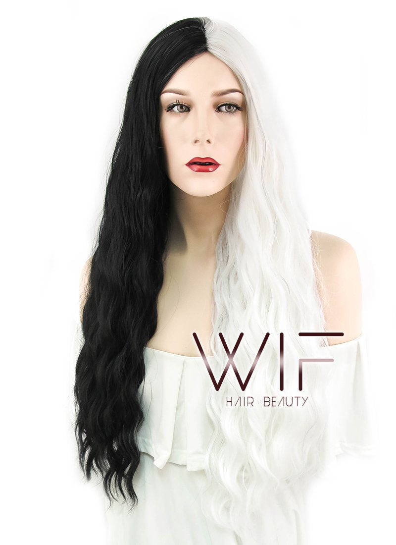 33" Wavy Black White Split Color Synthetic Wig WIG338