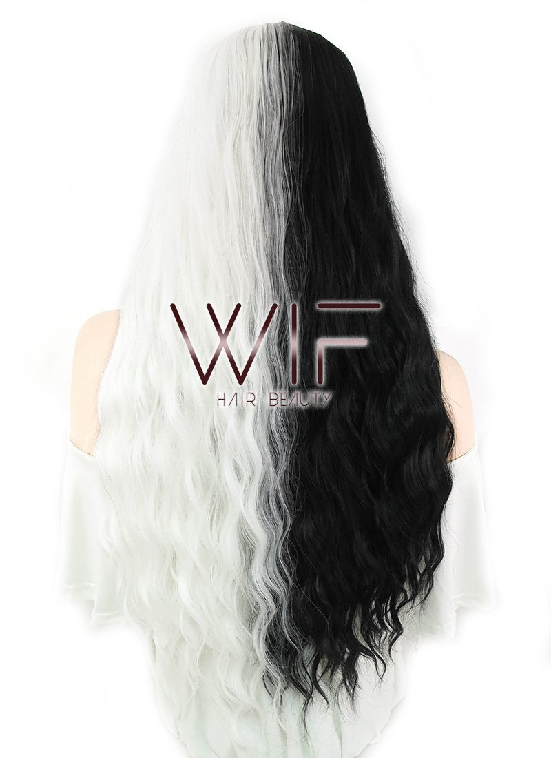 33" Wavy Black White Split Color Synthetic Wig WIG338