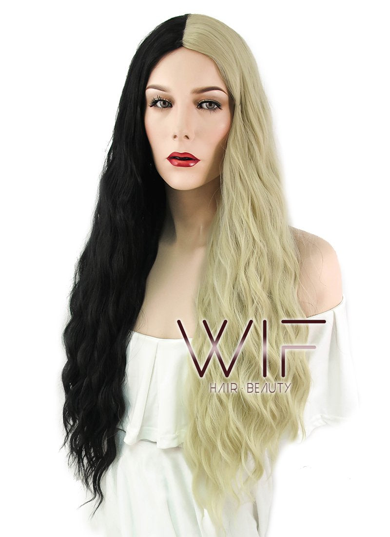 29" Wavy Blonde Black Split Color Synthetic Wig WIG339