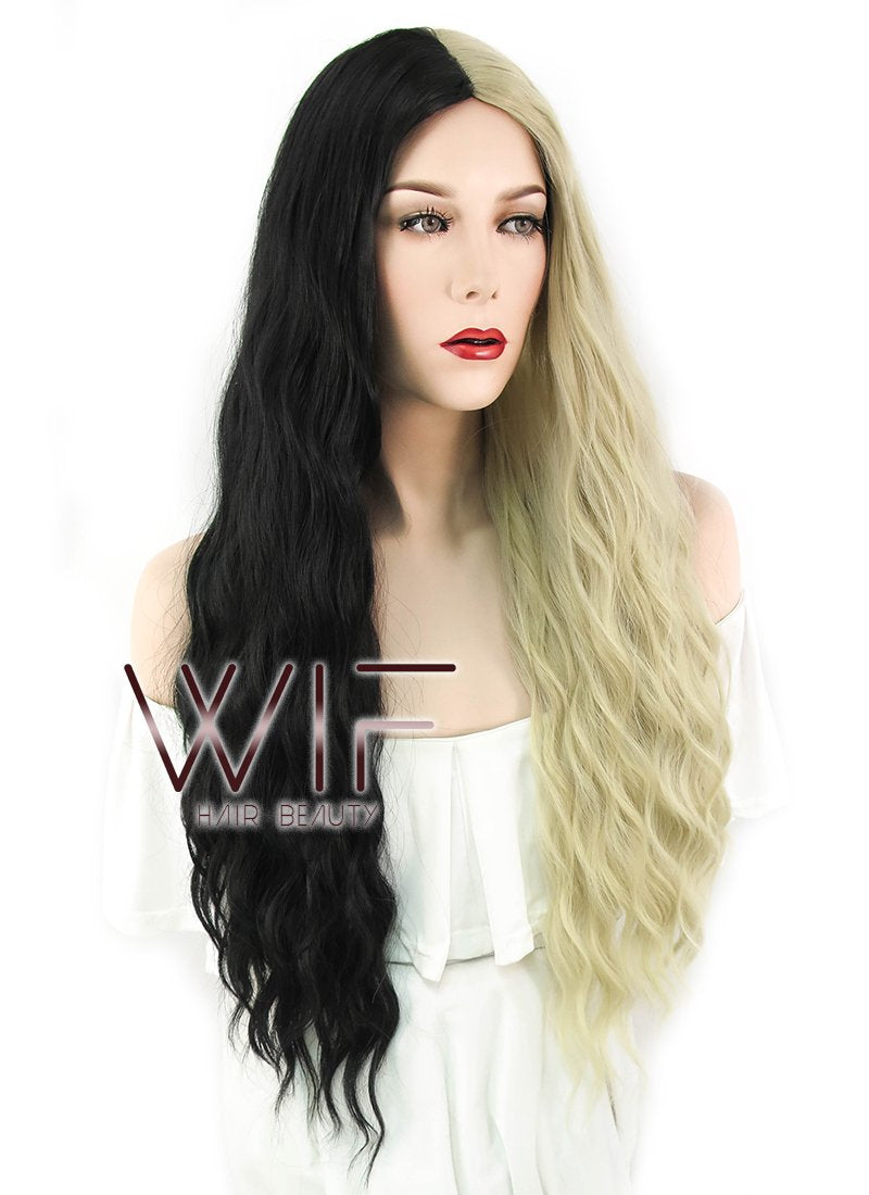 29" Wavy Blonde Black Split Color Synthetic Wig WIG339