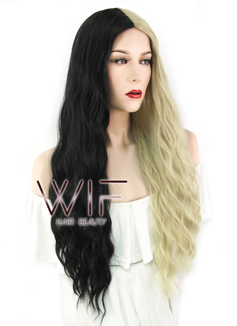 29" Wavy Blonde Black Split Color Synthetic Wig WIG339