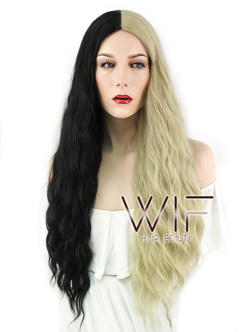 29" Wavy Blonde Black Split Color Synthetic Wig WIG339