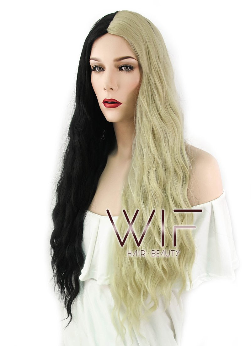 29" Wavy Blonde Black Split Color Synthetic Wig WIG339