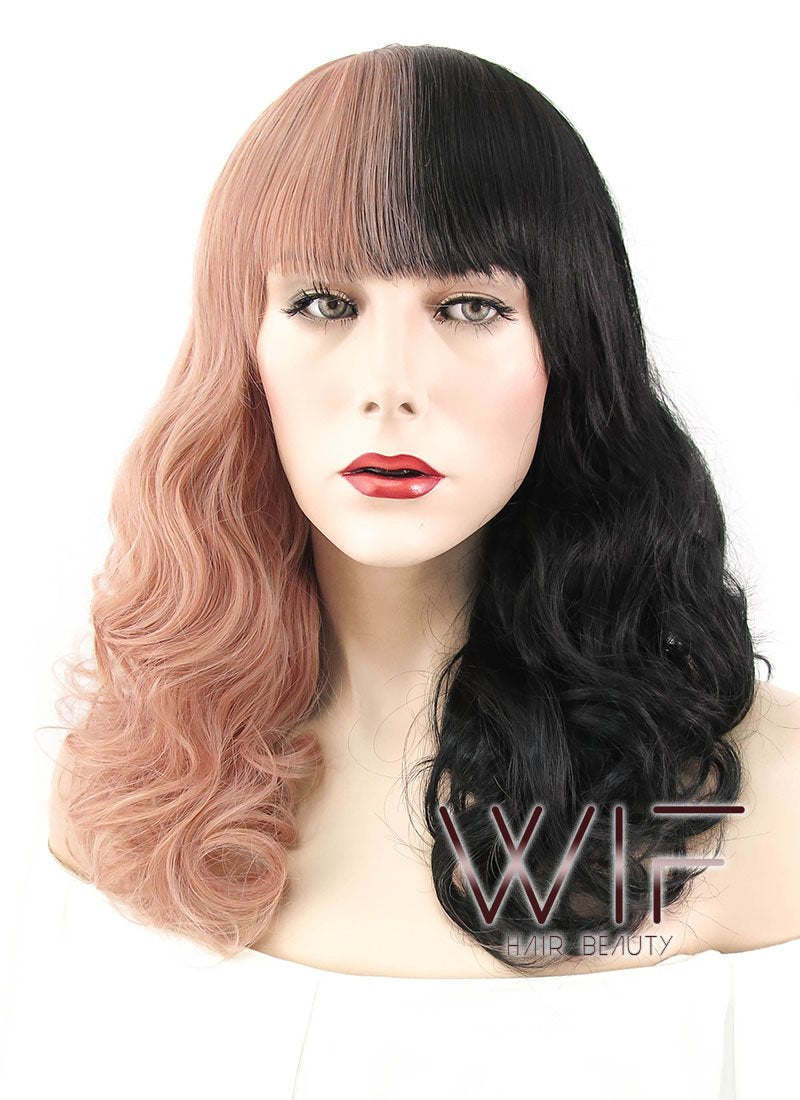 20" Wavy Milkshake Pink Black Split Color Synthetic Wig WIG340