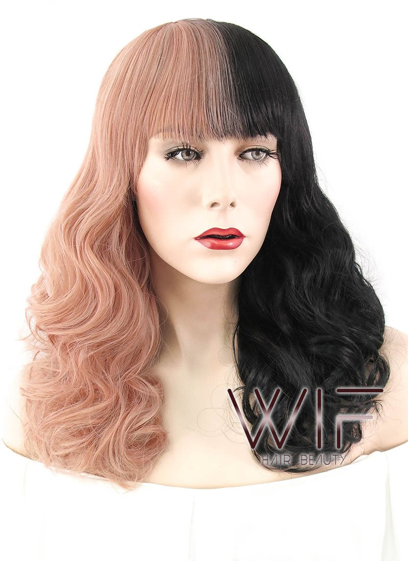 20" Wavy Milkshake Pink Black Split Color Synthetic Wig WIG340