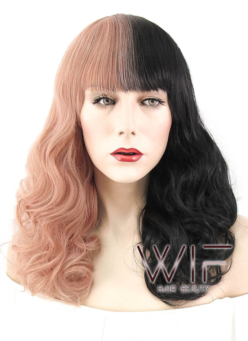 20" Wavy Milkshake Pink Black Split Color Synthetic Wig WIG340