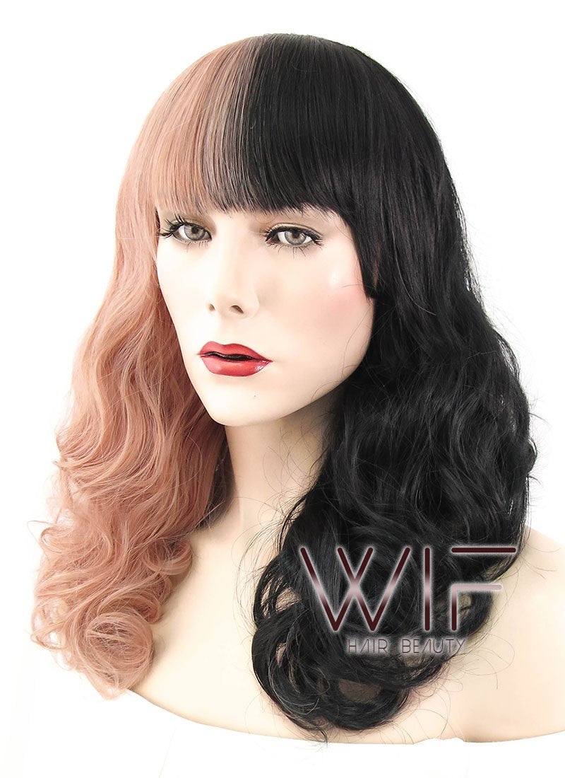 20" Wavy Milkshake Pink Black Split Color Synthetic Wig WIG340