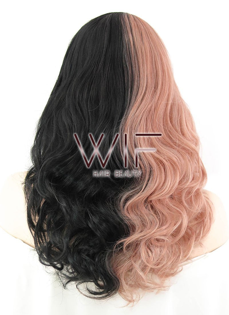 20" Wavy Milkshake Pink Black Split Color Synthetic Wig WIG340